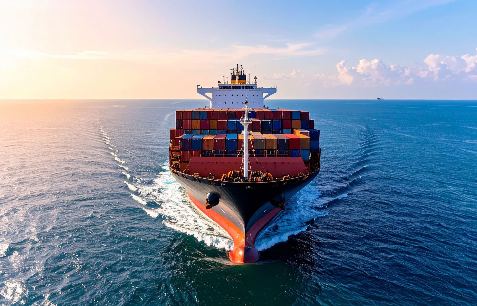 A container ship carrying global cargo across the ocean