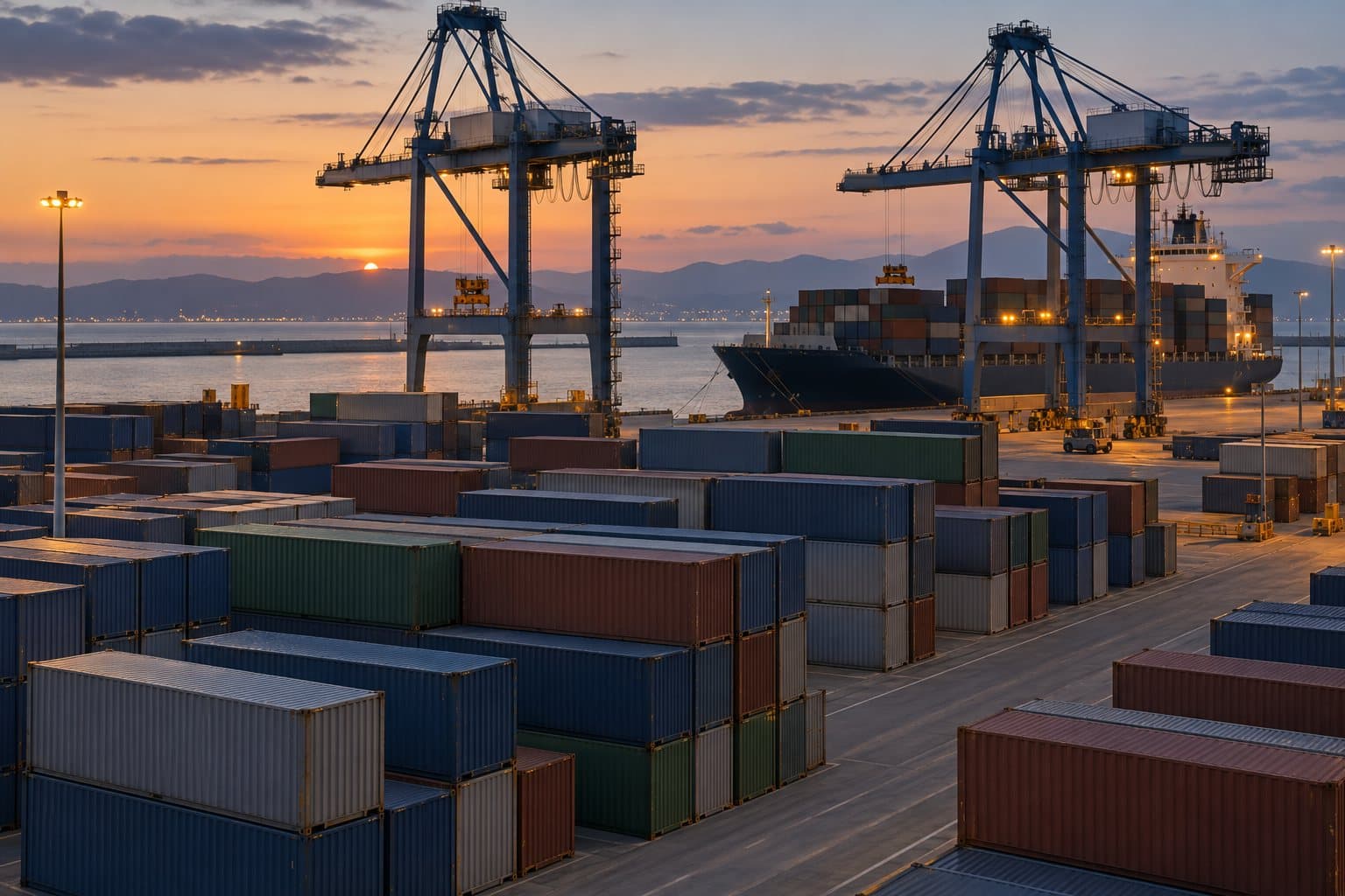 Stacked shipping containers and two ship-to-shore cranes at a container port at dusk